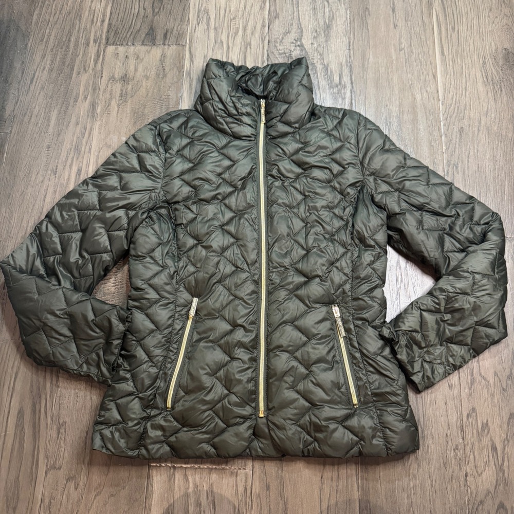 Betsey Johnson Quilted Puffer Jacket High Neck Women's Medium Olive Green